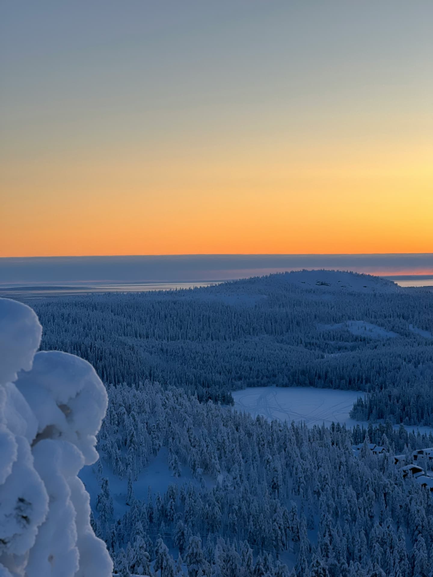 View from a fell summit across frozen forest and a distant hill at arctic sunset