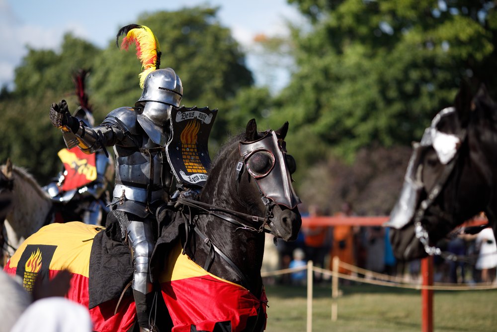 An armoured rider in heraldic colours at the Turku Castle tournament