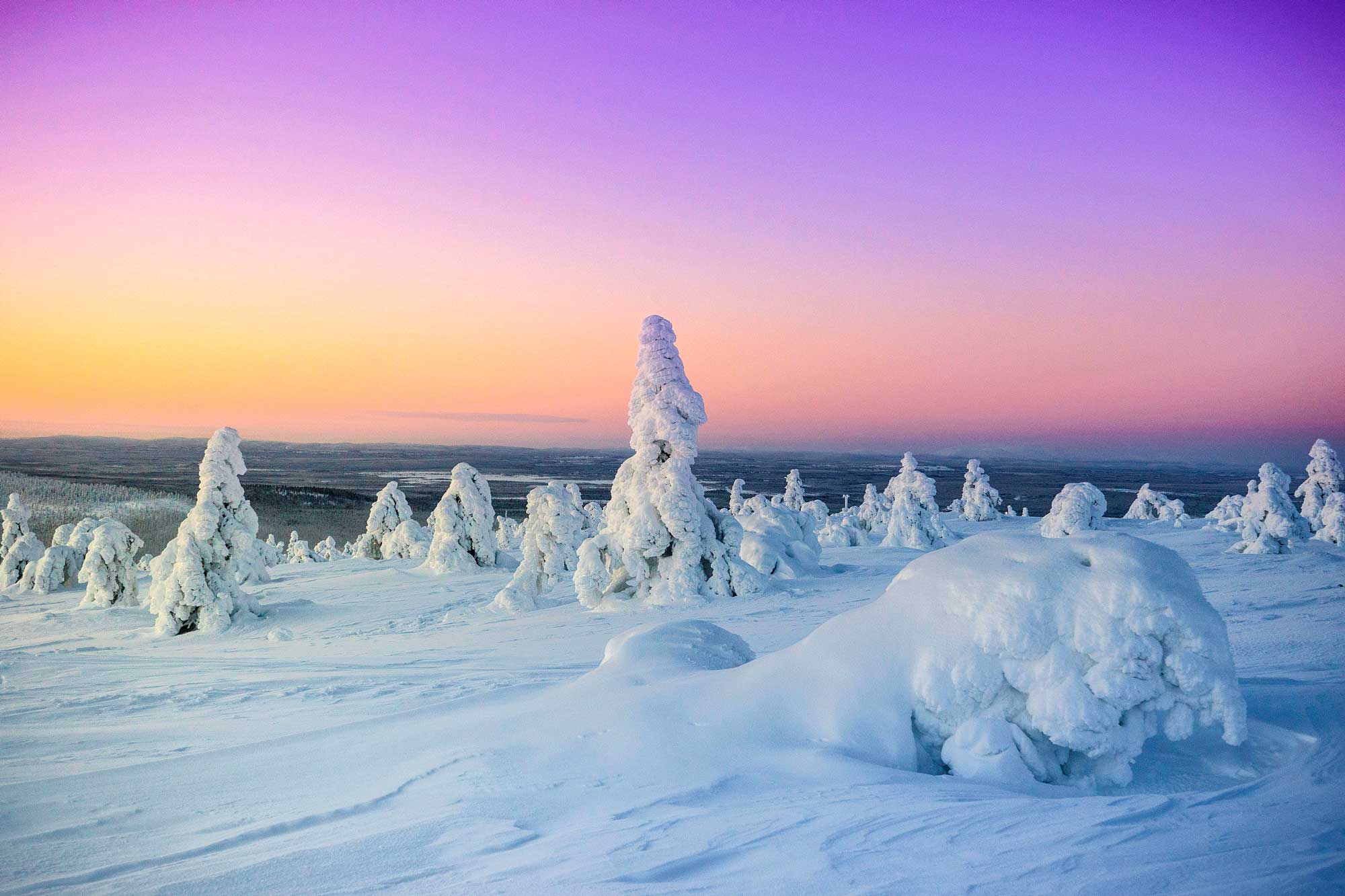 Open fell top above Levi under a violet and amber winter twilight