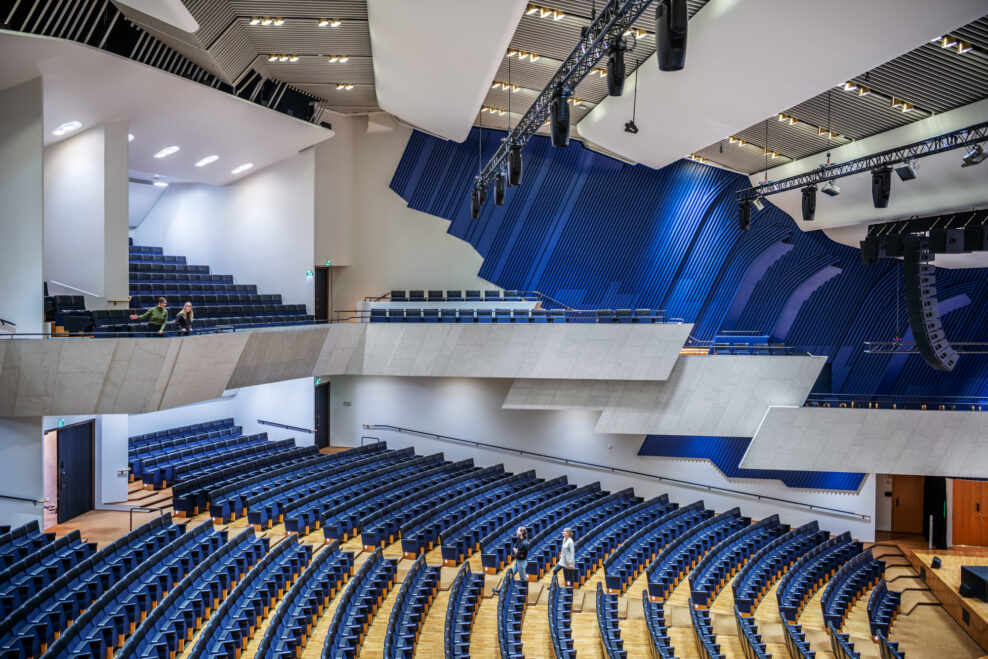 The blue-clad auditorium of Alvar Aalto's Finlandia Hall in Helsinki
